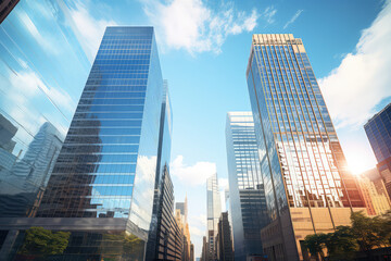 Fototapeta na wymiar Reflective skyscrapers, business office buildings. low angle view of skyscrapers in city, sunny day. Business wallpaper with modern high-rises with mirrored windows. Generative AI photo.