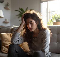 young woman having a headache, sitting on a couch feeling pain 