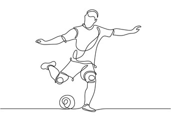 Soccer sport player, continuous one line drawing of sportsman kick a ball.