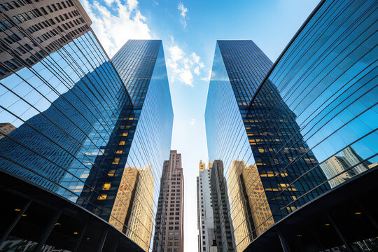 Reflective skyscrapers, business office buildings. low angle view of skyscrapers in city, sunny day. Business wallpaper with modern high-rises with mirrored windows. Generative AI photo.