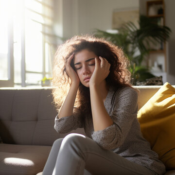 young woman having a headache, sitting on a couch feeling pain 