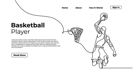 Slamdunk style basketball player, continuous one line art drawing, vector silhouette illustration, people jump. Good for sport graphic landing page element resources.
