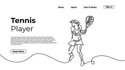 Woman tennis player, continuous one line drawing, sketch art linear hand drawn, landing page sport concept, for web and graphic element, editable stroke vector.