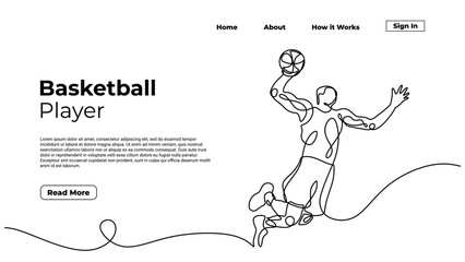 Slamdunk style basketball player, continuous one line art drawing, vector silhouette illustration, people jump. Good for sport graphic landing page element resources.