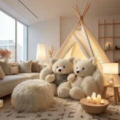 A room with two teddy bears and a teepee. Generative AI illustration