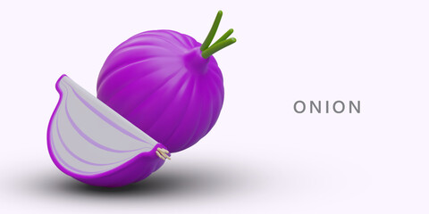 Red onion whole and cut. Fresh vegetables from garden. Bulb with green top. Color poster with 3D object. Advertising poster for green shop, culinary sites