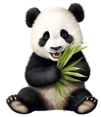 Fototapety  cute panda cub eating a bamboo leaves, isolated on transparent background. Generative Ai
