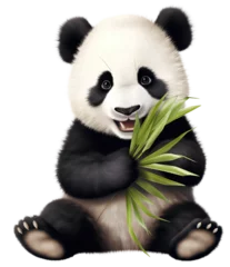 Fotobehang cute panda cub eating a bamboo leaves, isolated on transparent background. Generative Ai © FP Creative Stock