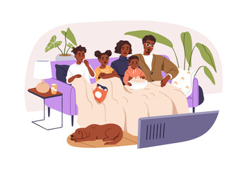Happy black people family, parents, children watching TV, movie together. African-American mother, father, kids at television at leisure. Flat graphic vector illustration isolated on white background