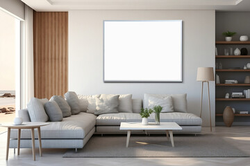 Modern interior with white sofa and placeholder for a painting