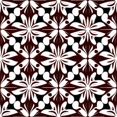 Mesmerizing brown and white abstract design with an art deco touch creates a repeating fabric pattern reminiscent of peppermint motifs.
