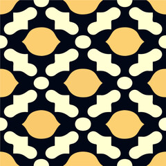 Mesmerizing black and white pattern enriched by yellow circles, reminiscent of art deco style and displaying elements of a Sierpinski gasket and hexagonal shapes.