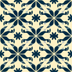 Graceful blue and white tiles form an art nouveau inspired pattern on a wall, reminiscent of patterned fabric and traditional tilework.