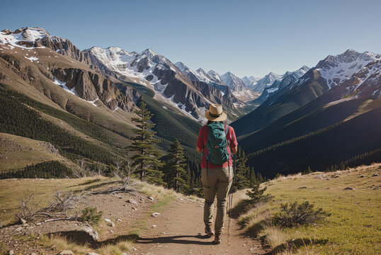 Rear view of female hiker with hat and backpack wearing  red and olive hiking clothes looking out over a landscape, generative AI