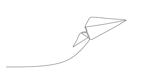 Paper plane flying up. Continuous single line drawing for business, travel or journey illustration. Single line art style. Airplane with destination line path. Doodle handdrawn drawing editable stroke