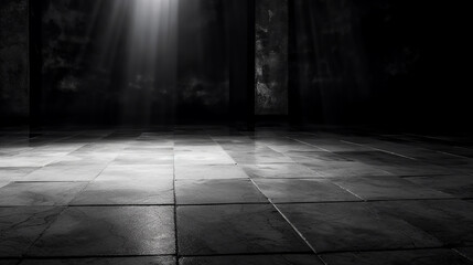 Cement Floor in a Dark Room with Black Background - Generative Ai