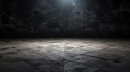 The Enigmatic Cement Floor in a Dark Room, Spotlighted on Black Background - Generative Ai