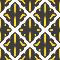 Elegant black and yellow damask pattern on a white background, showcasing art deco influences. The seamless design exudes sophistication.
