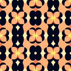 On a white backdrop, an eye catching orange and black flower pattern forms a lively, neon floral design in a repeating fabric pattern.