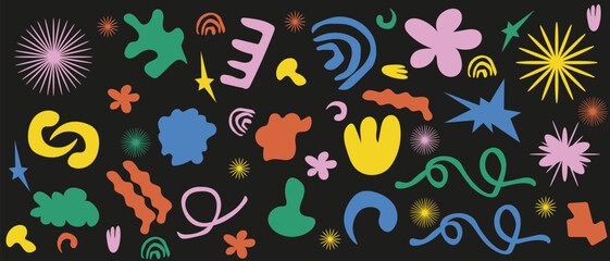 Hand drawing groovy background with abstract Trendy Shapes. Modern ornament with Organic Shapes. Funky loop, wave, flowers, rainbow in y2k style. Vector Art.