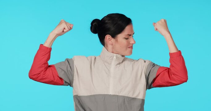 Fitness satisfaction, arm and woman flex muscle building progress, studio exercise or gym results. Portrait, biceps and sport athlete, strong person and bodybuilder nodding head on blue background