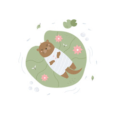 Top view illustration of a cute otter floating in the pond