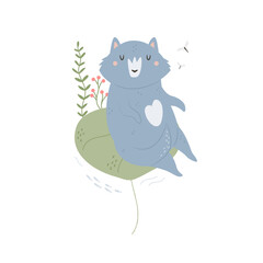 Vector illustration of a funny wolf sitting on a water lily leaf