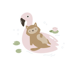 Vector illustration of a funny wolf floating on a pink flamingo