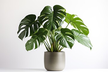 Clean image of a large leaf house plant Monstera deliciosa in a gray pot on a white background