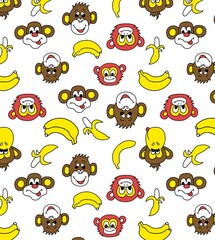 Cartoon of many brown monkeys alternating together with rows of bananas. Bright colors are popular for fashion. gift wrapping paper clothing boy girl seamless hand drawn