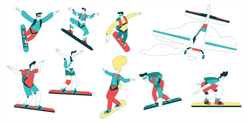 Fototapeta na wymiar Air Sport with People Character Sky Surfing with Bag and Skysurf Board Vector Set