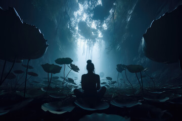 the beautiful woman in meditation, with lotus flower in background, generative AI
