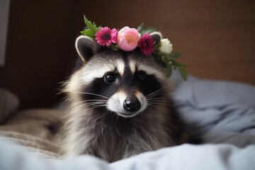 a raccoon has a flower crown