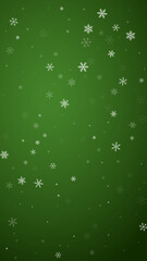 Beautiful snowfall christmas background. Subtle flying snow flakes and stars on christmas green background. Beautiful snowfall overlay template. Vertical vector illustration.