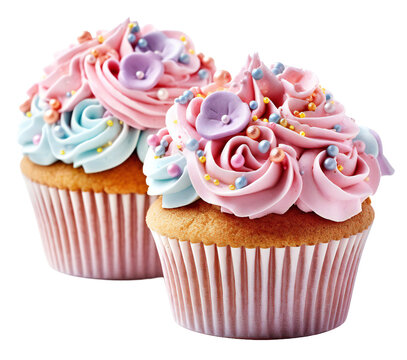 Pastel pink and blue cupcakes with sprinkles decorated with flowers. Design element for cafe, cooking, kitchen.  Isolated on transparent background. KI.