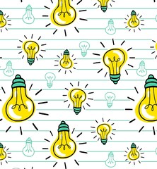 Cute hand drawn seamless pattern with doodle light bulbs on lined notepaper background. Cartoon tiling background.