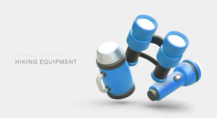 Classic tourist property. 3D blue elements. Binoculars, flashlight, thermos in cartoon style. High quality equipment for hikes of different duration and complexity