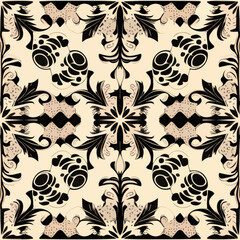 Captivating black and white damask pattern with a white background, highlighting intricate floral motifs that lend a touch of sophistication and charm.