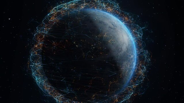 Animated digital lines over the Earth planet. Transmit 5G communications signal. 3D futuristic worldwide big data sphere. Global internet connection. Concept of modern technologies and digitalization.