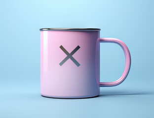 a mock-up of a blue metal mug with a cross on it mockup, in the style of Frenchy, pink, and black