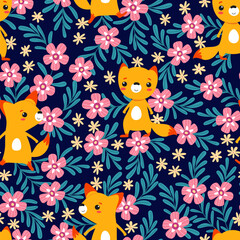 Cute foxes with flowers background
