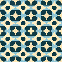 Blue and white fabric pattern featuring circular shapes, a seamless design reminiscent of halftone patterns.