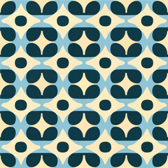 Blue and white fabric pattern featuring circular shapes, a seamless design reminiscent of halftone patterns.