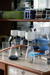 Laboratory glassware with green liquid in a science research laboratory.