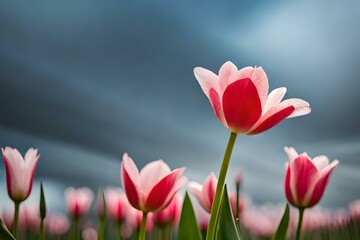 pink tulips on a green background AI Generated 