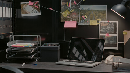 Empty evidence room equipped with clues and witness statements, investigation with detective...