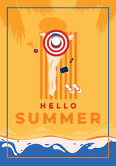 A vintage style poster with a tropical beach and a woman Enjoy on the sand. Retro Summer holiday poster flat design. Vector Illustration