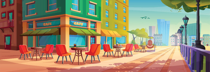 Outdoor city street summer cafe exterior cartoon vector illustration. Outside restaurant terrace with table, hammock chair near urban park. Public cafeteria in town building with cityscape landscape
