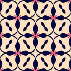 Captivating pattern combining black and pink elements on a warm beige background, designed for fabric and seamless repetition, creating a symmetrical and harmonious look.