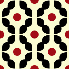 Art deco inspired pattern combining black and red elements on a white backdrop, reminiscent of peppermint candies, showcasing a stylish and iconic aesthetic.